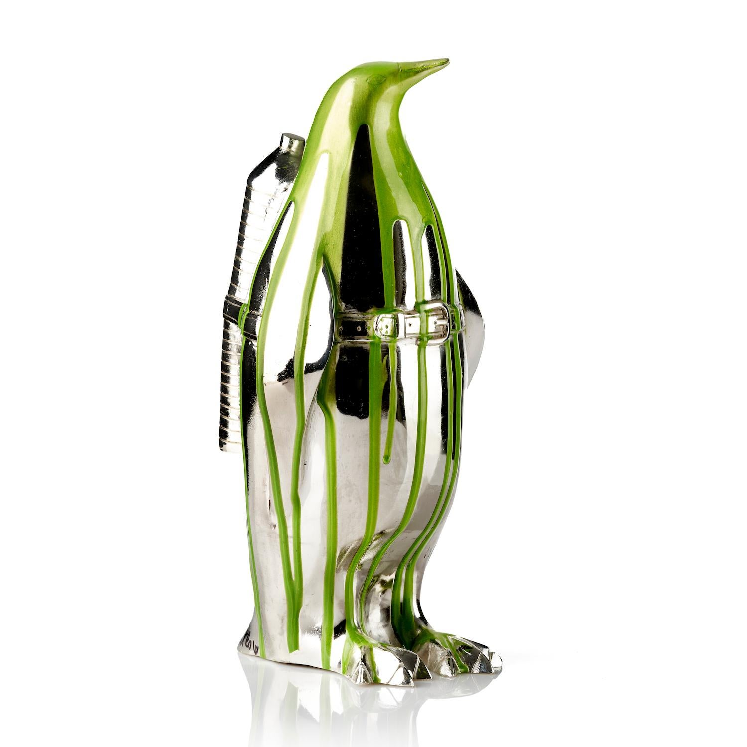 Cloned Penguin with pet bottle (green) - Sculpture by William Sweetlove