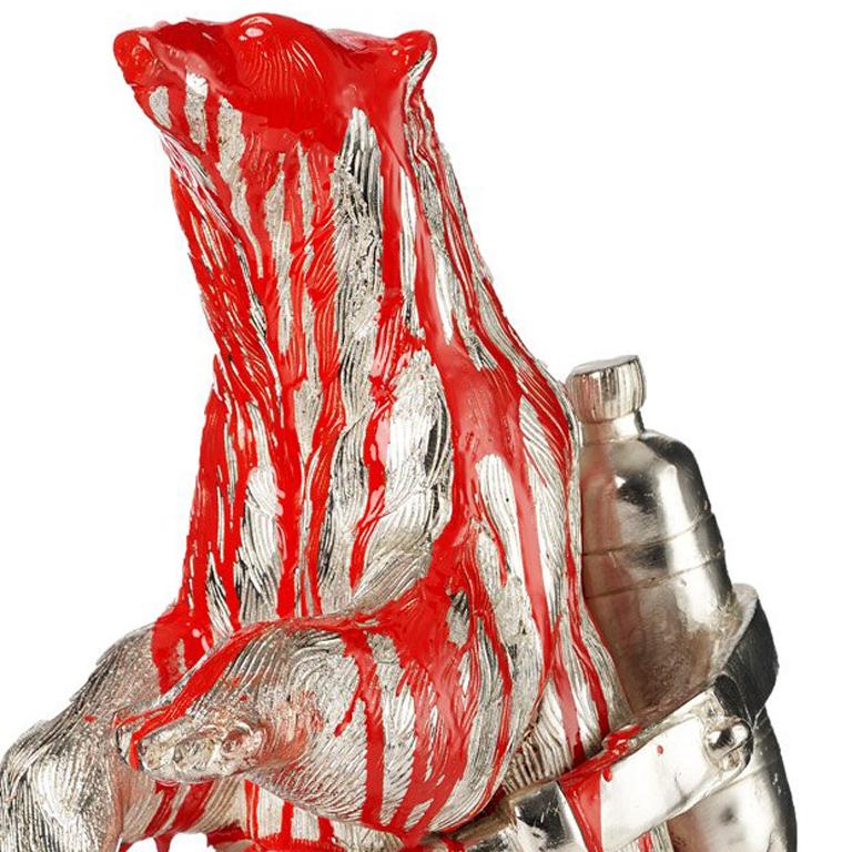 Cloned Polar Bear with pet bottle (red) - Gold Figurative Sculpture by William Sweetlove