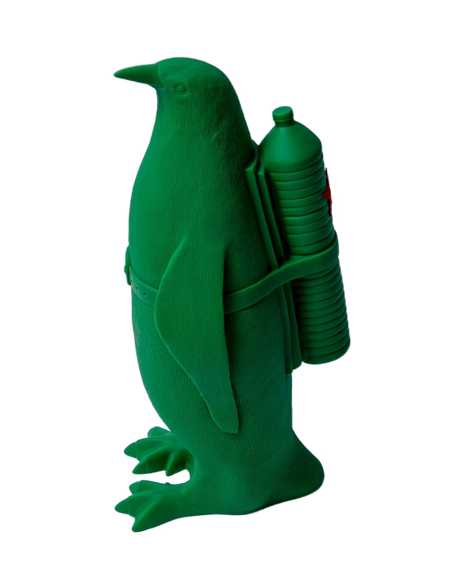 Small Cloned Green Penguin with Water Bottle, Cuban Edition - Pop Art Sculpture by William Sweetlove