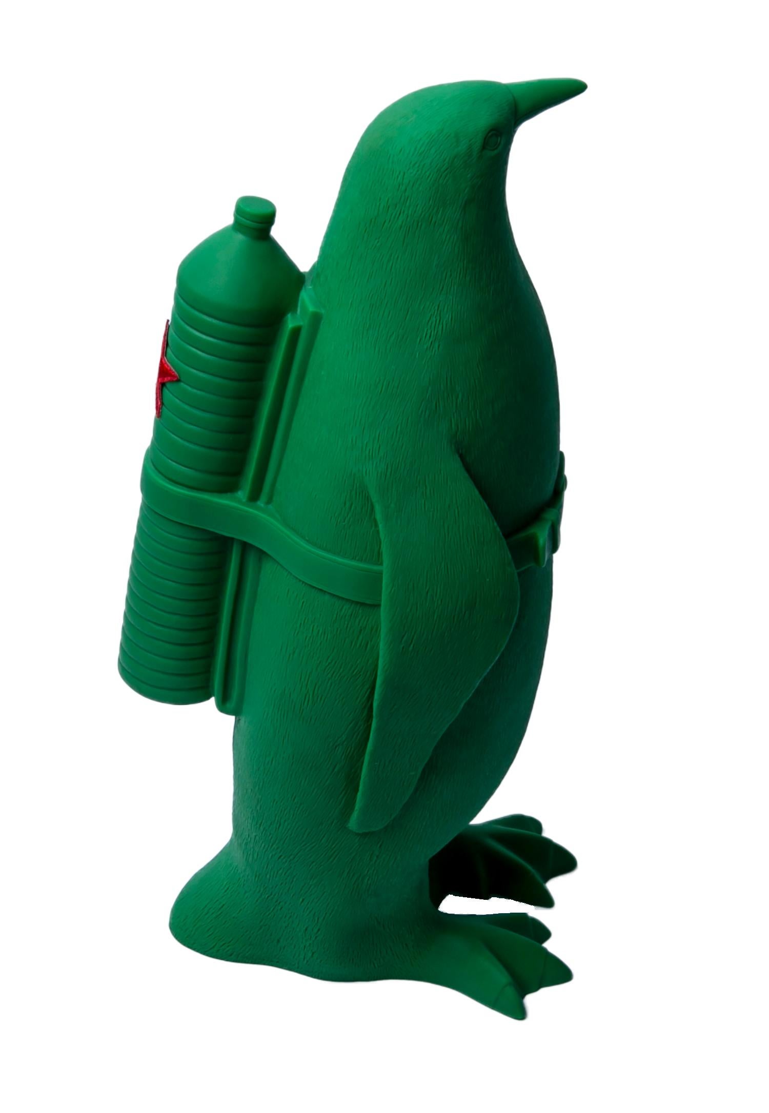 William Sweetlove Figurative Sculpture - Small Cloned Green Penguin with Water Bottle, Cuban Edition