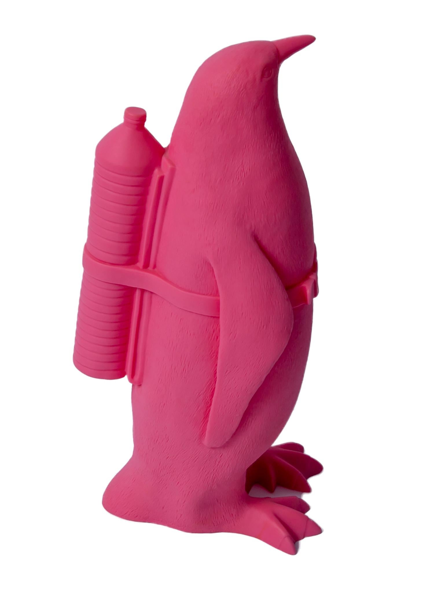 William Sweetlove Figurative Sculpture - Small Cloned Penguin with Water Bottle, in Pink