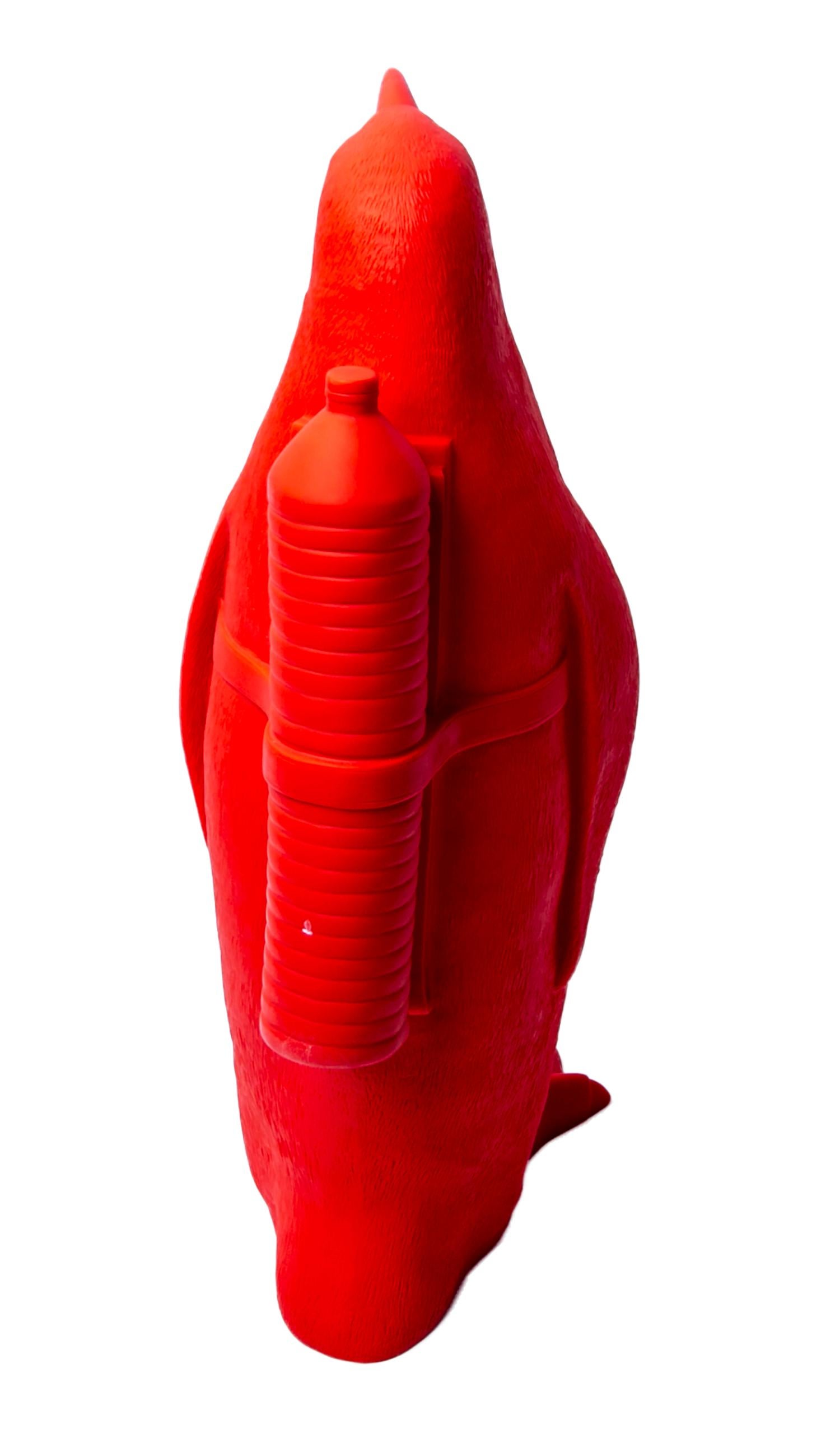 Small Cloned Penguin with Water Bottle, in Red - Sculpture by William Sweetlove