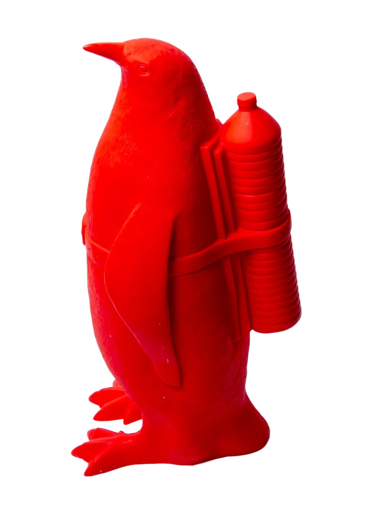 Small Cloned Penguin with Water Bottle, in Red - Pop Art Sculpture by William Sweetlove