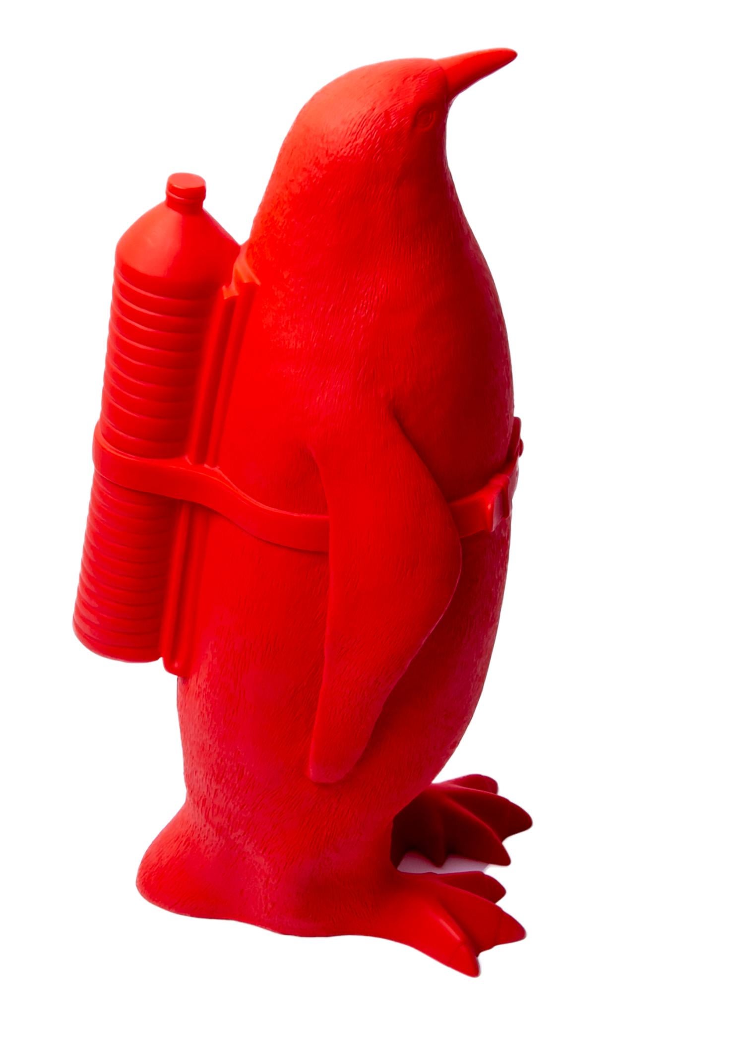 William Sweetlove Figurative Sculpture - Small Cloned Penguin with Water Bottle, in Red