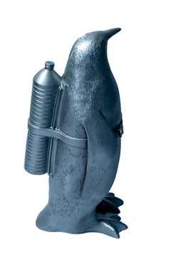 Small Cloned Penguin with Water Bottle, in Silver, Signed by William Sweetlove
