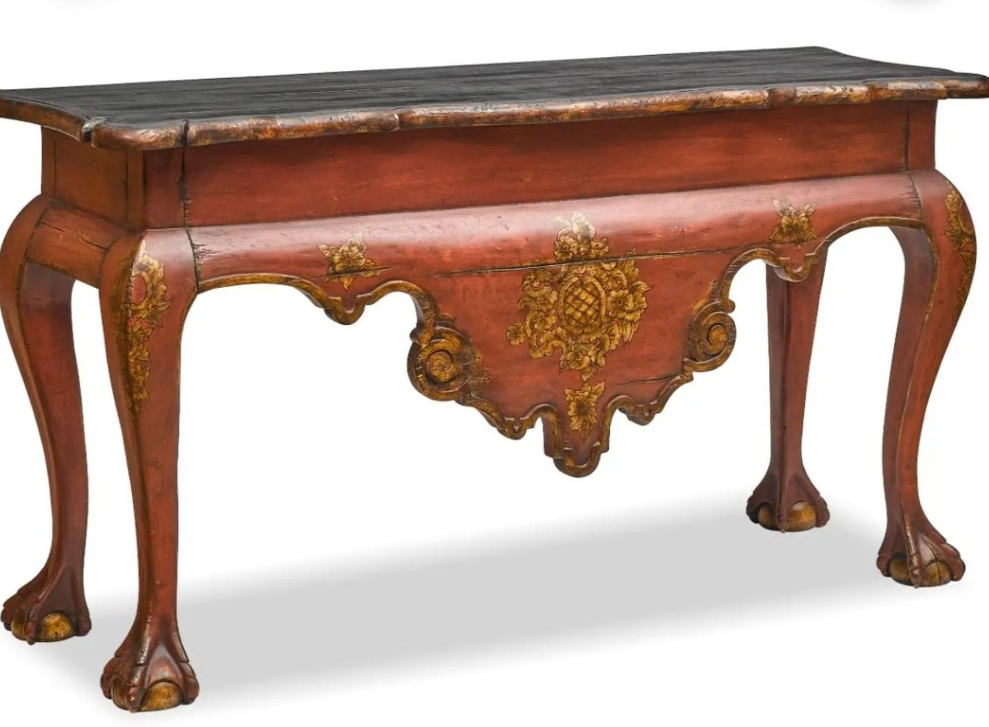 Wood William Switzer 18th Century Portuguese Baroque Style Burgundy Red Console Table