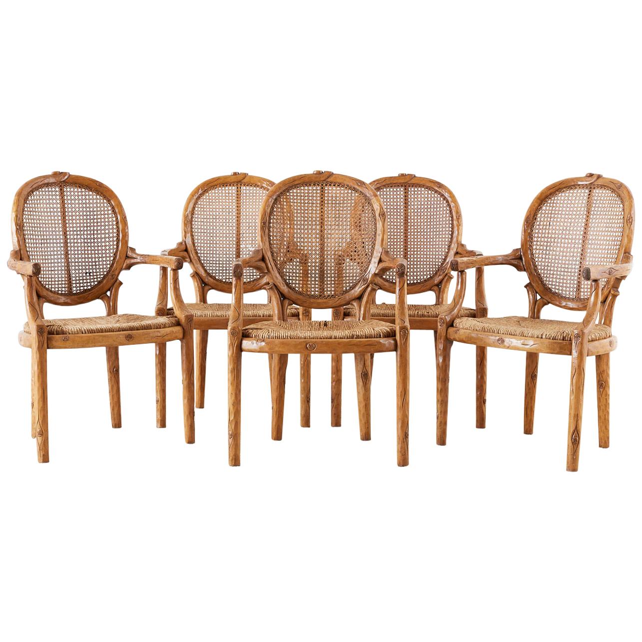 William Switzer Faux Bois Cane and Rush Seat Armchairs