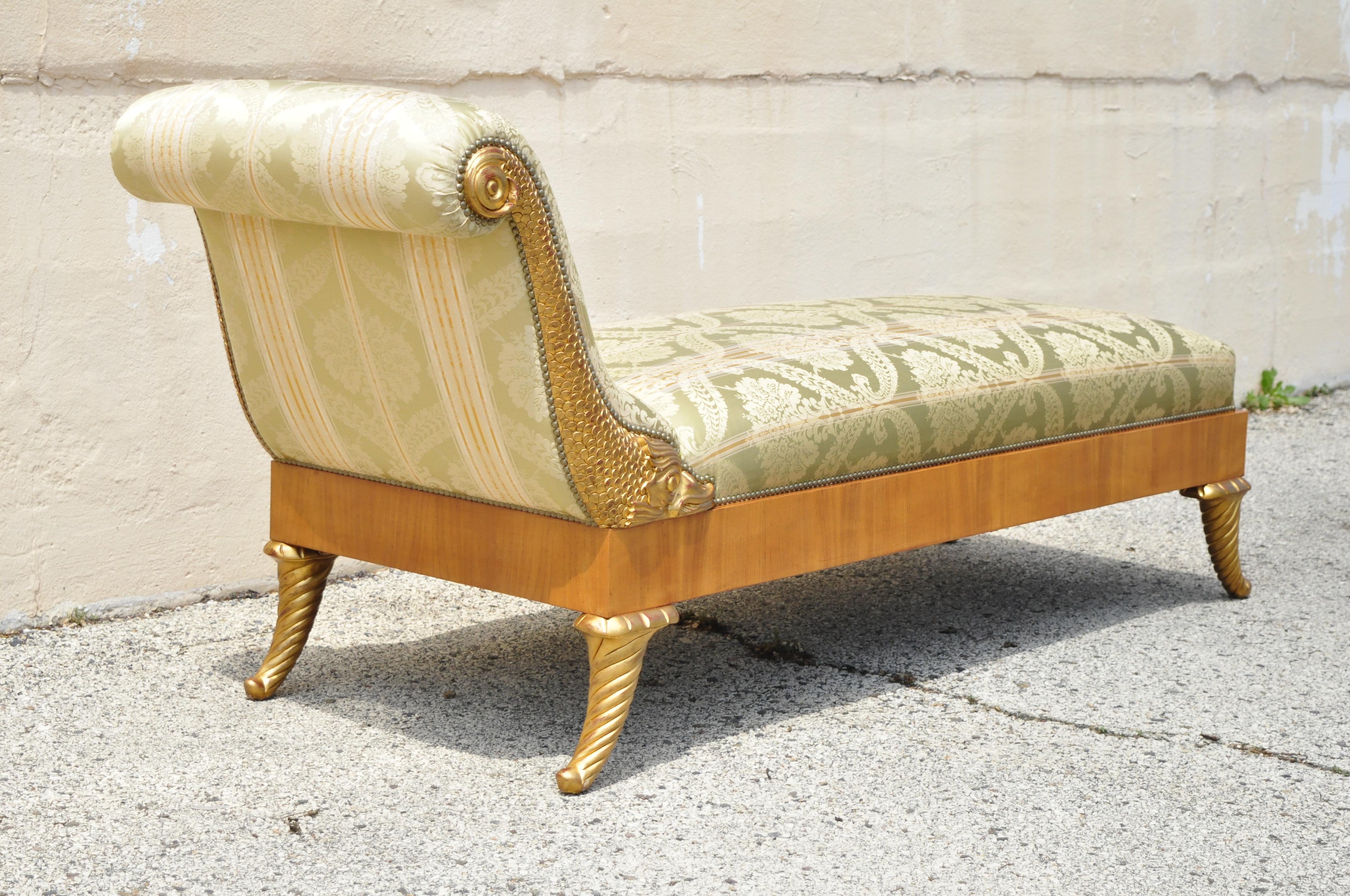 William Switzer Italian Biedermeier Regency style dolphin carved recamier chaise lounge chair sofa. Item features gold gilt carved figural dolphins, cornucopia carved gold gilt legs, green and gold upholstery, original label, quality craftsmanship,