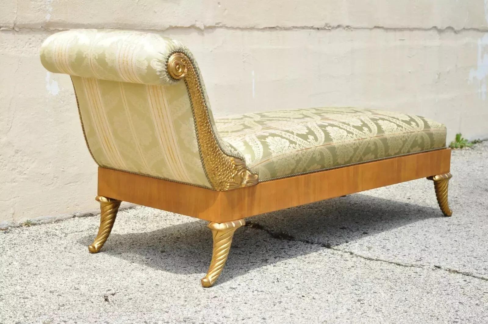 William Switzer Italian Biedermeier Regency Carved Recamier Chaise Lounge Chair. Item features gold gilt carved figural dolphins, cornucopia carved gold gilt legs, green and gold upholstery, original label, quality craftsmanship, great style and