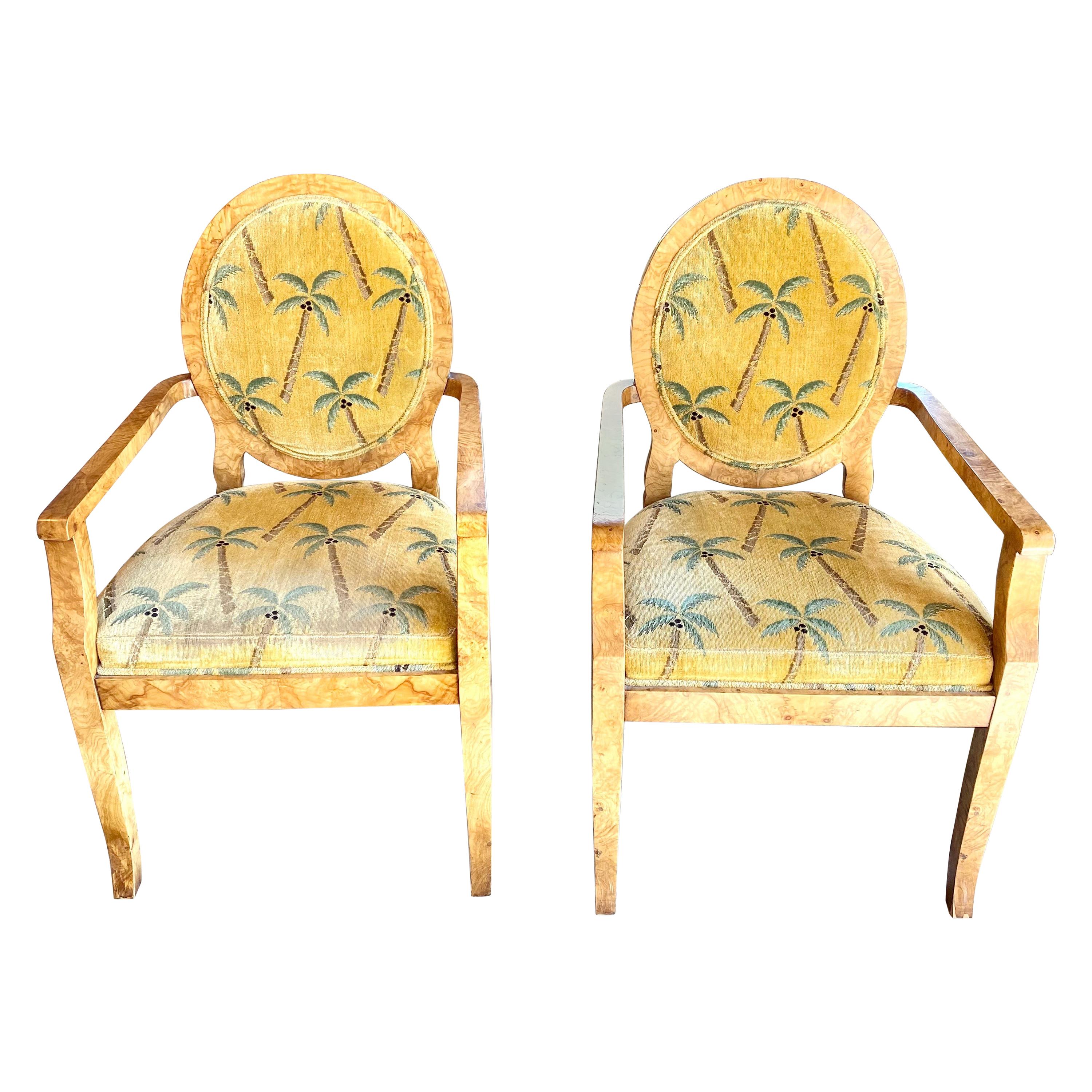 William Switzer Pair of Olivewood Armchairs W/Palm Tree Pattern
