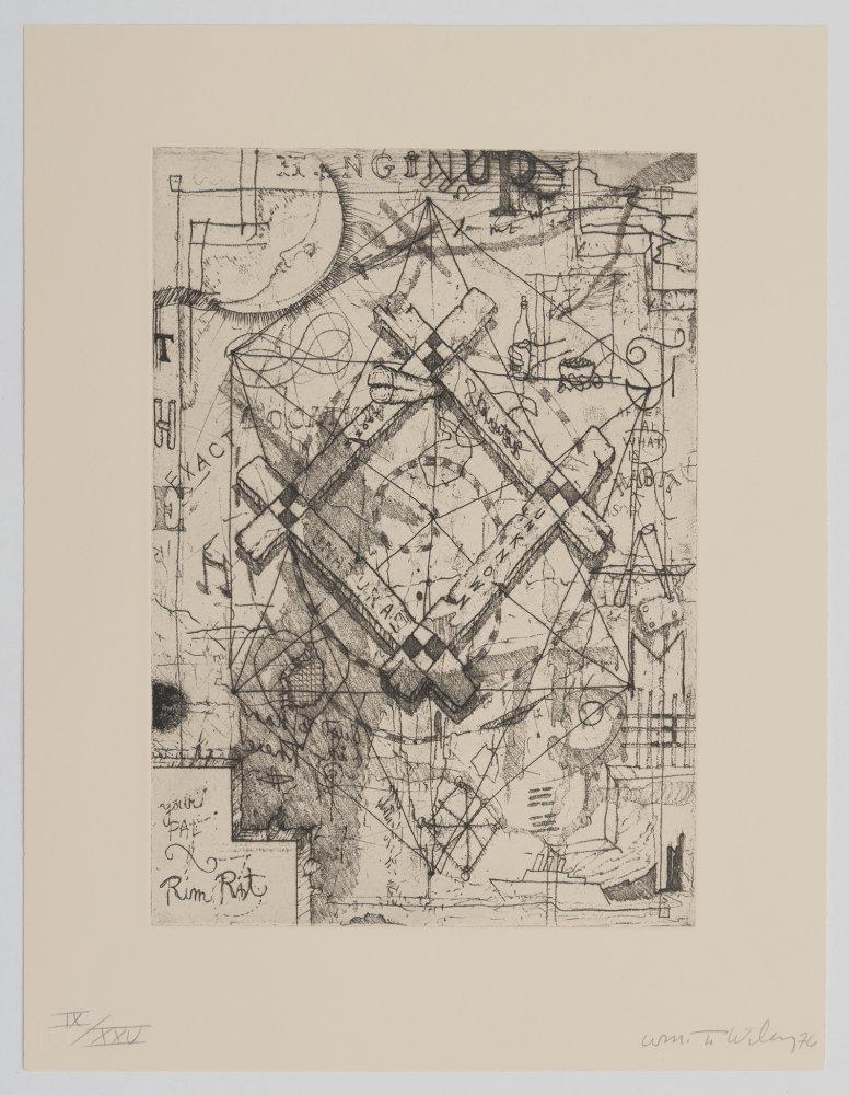 Hanging Up the Frame, plate no. 11 in the book "A Suite of Daze" by William T. Wiley
etching on paper sheet 18 1/2 x 14 1/2 inches/47 x 36.8 cm