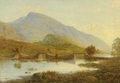 Antique English Oil Painting Sunset Lake Scene, Thirlmere, The Lake District