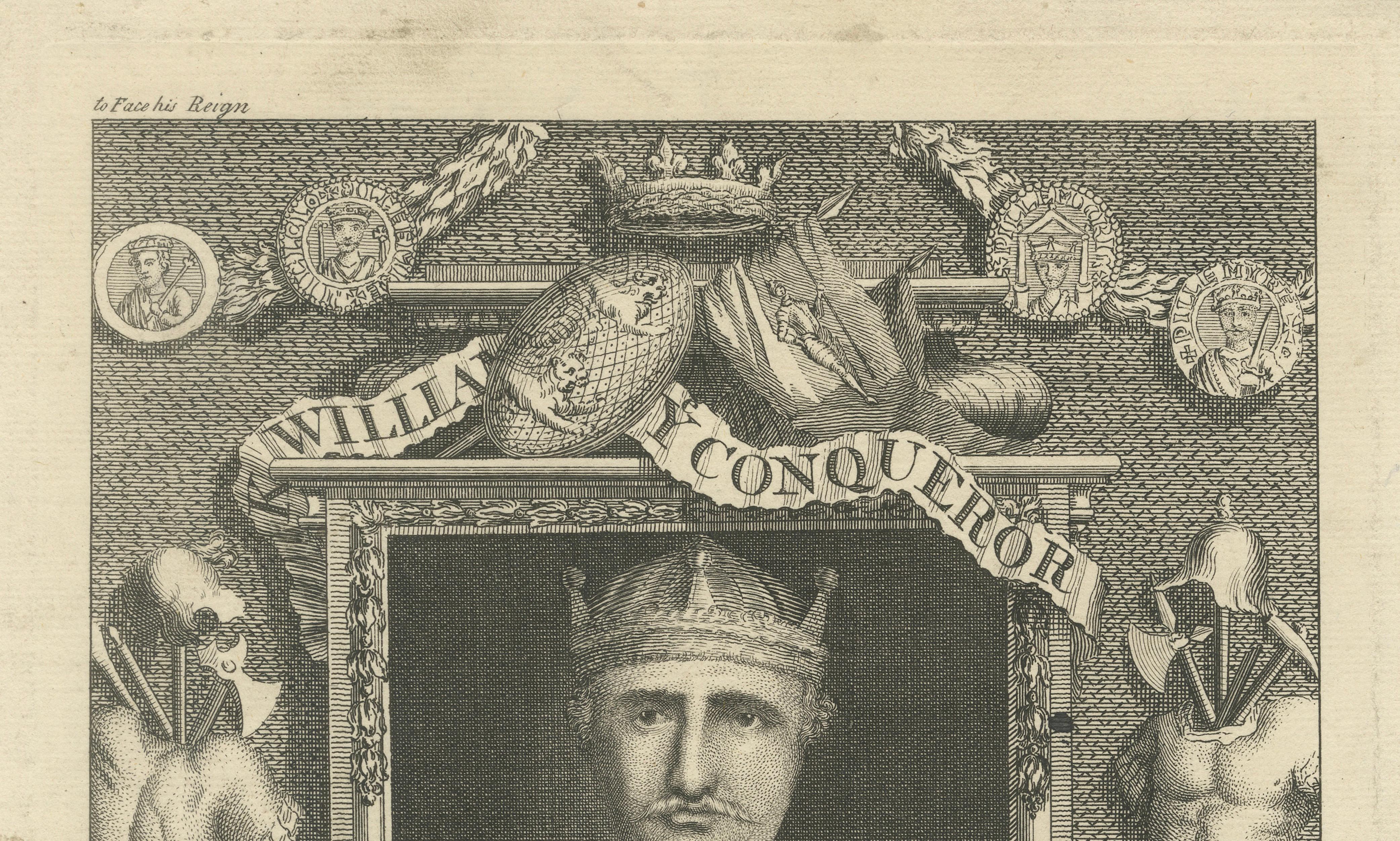 William the Conqueror Portrait Engraving, Domesday Scene, England, c.1740