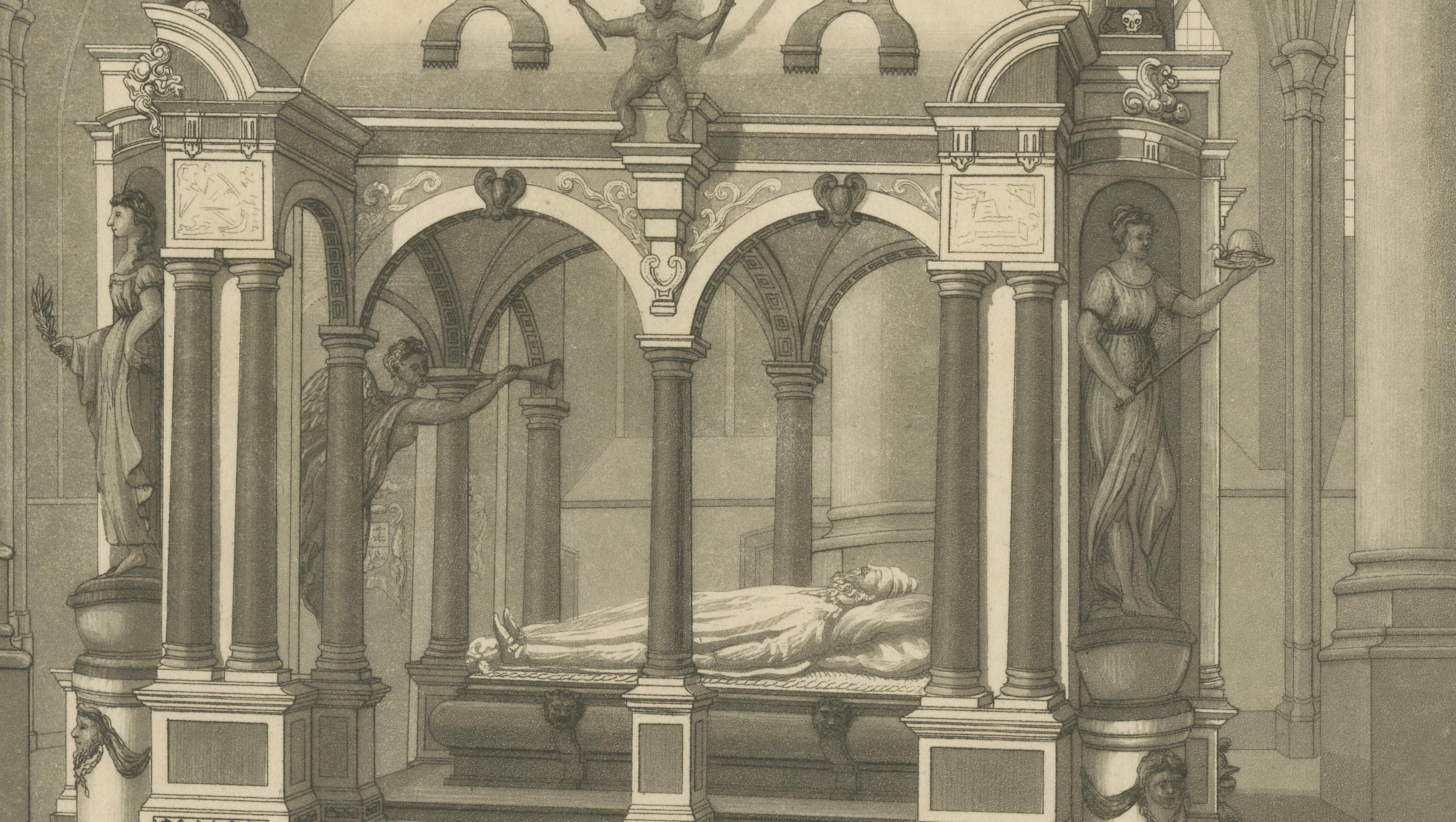 William das stille Grabmal - Antiker Delfter Nieuwe Kerk Stich um 1840 (Graviert) im Angebot