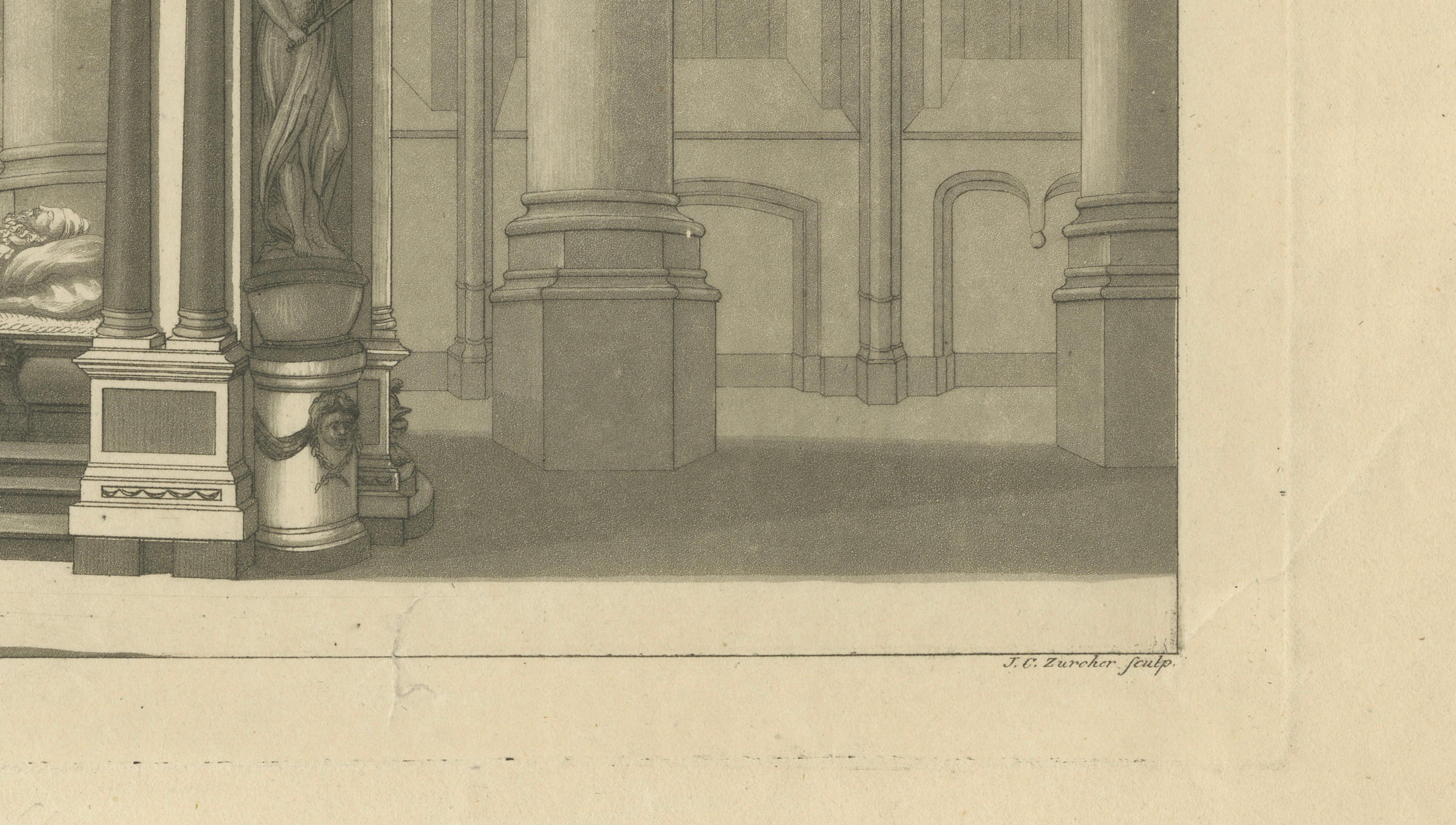 William das stille Grabmal - Antiker Delfter Nieuwe Kerk Stich um 1840 im Zustand „Gut“ im Angebot in Langweer, NL