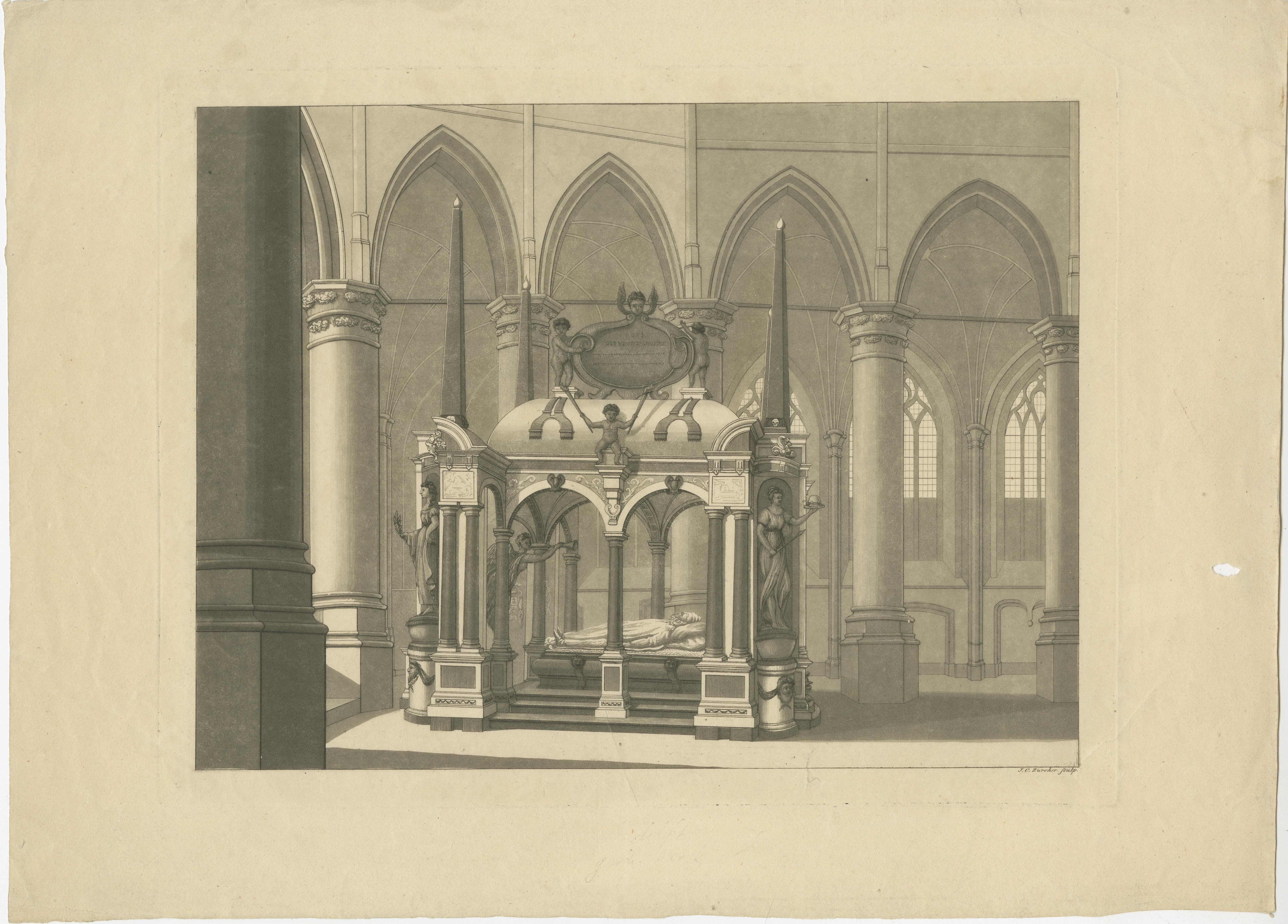 William das stille Grabmal - Antiker Delfter Nieuwe Kerk Stich um 1840 (19. Jahrhundert) im Angebot