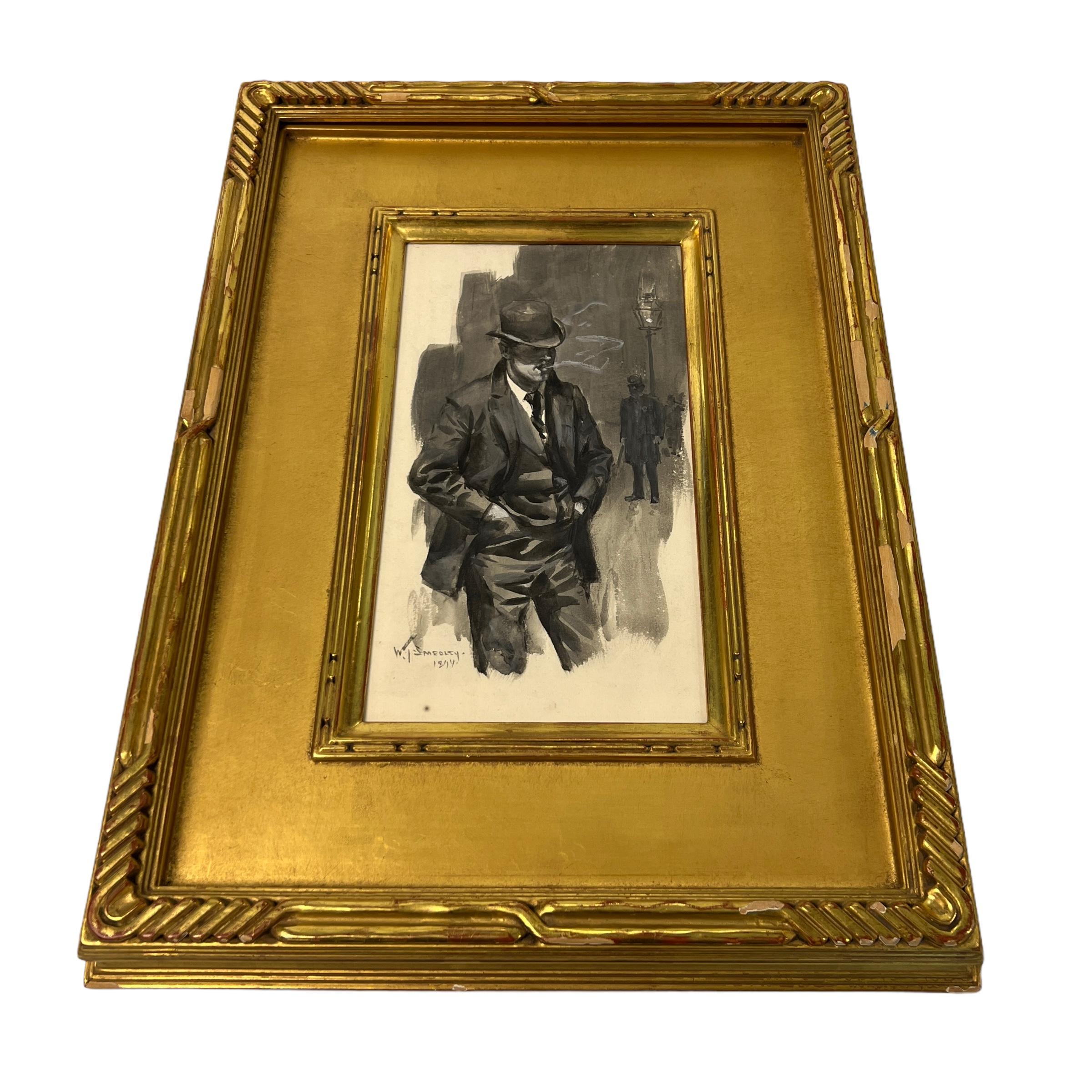 Notre aquarelle exceptionnelle sur papier, réalisée par le peintre et illustrateur américain William Thomas Smedley (1858-1920), représente un gentleman fumeur distingué debout à côté d'un lampadaire. Signé et daté 1894. Monté dans un cadre d'époque