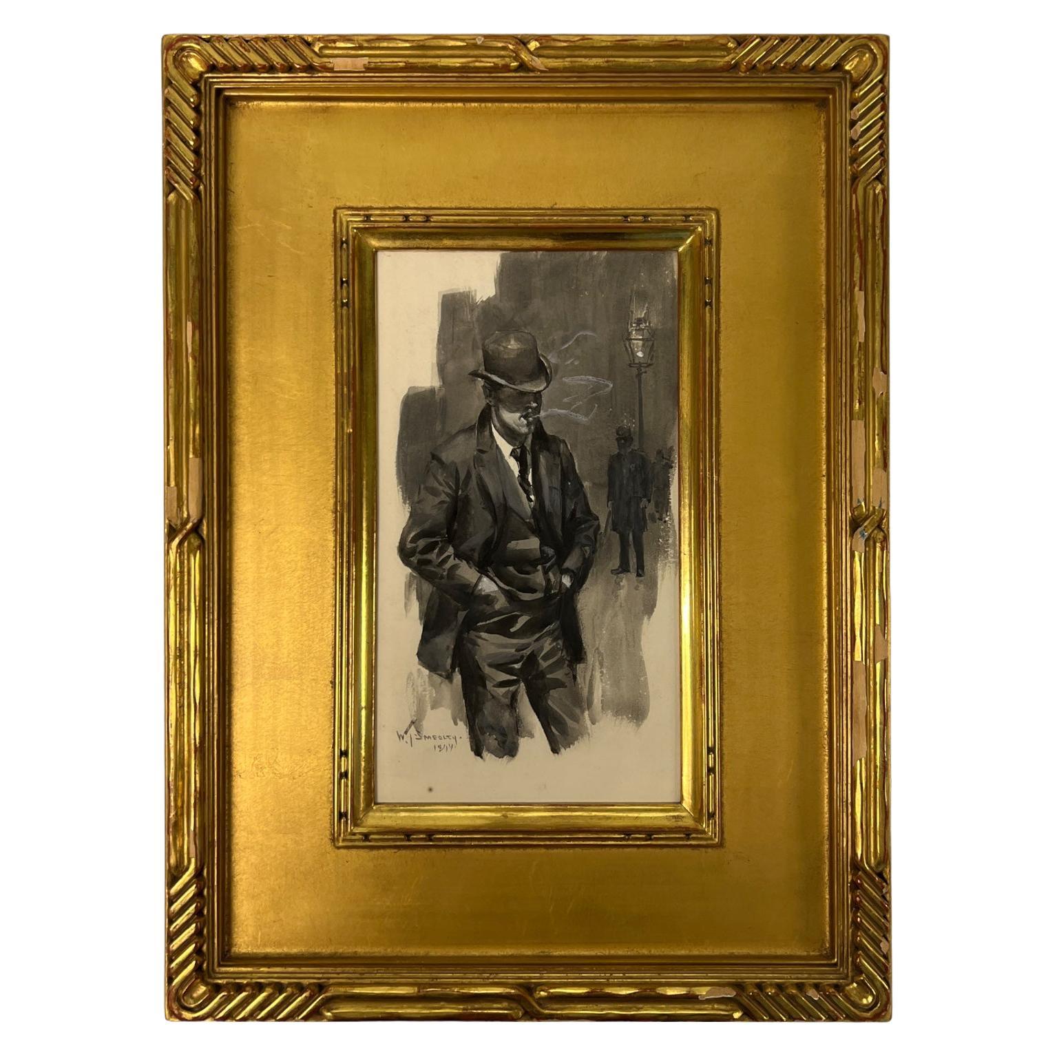 William Thomas Smedley, aquarelle encadrée d'un homme fumeur