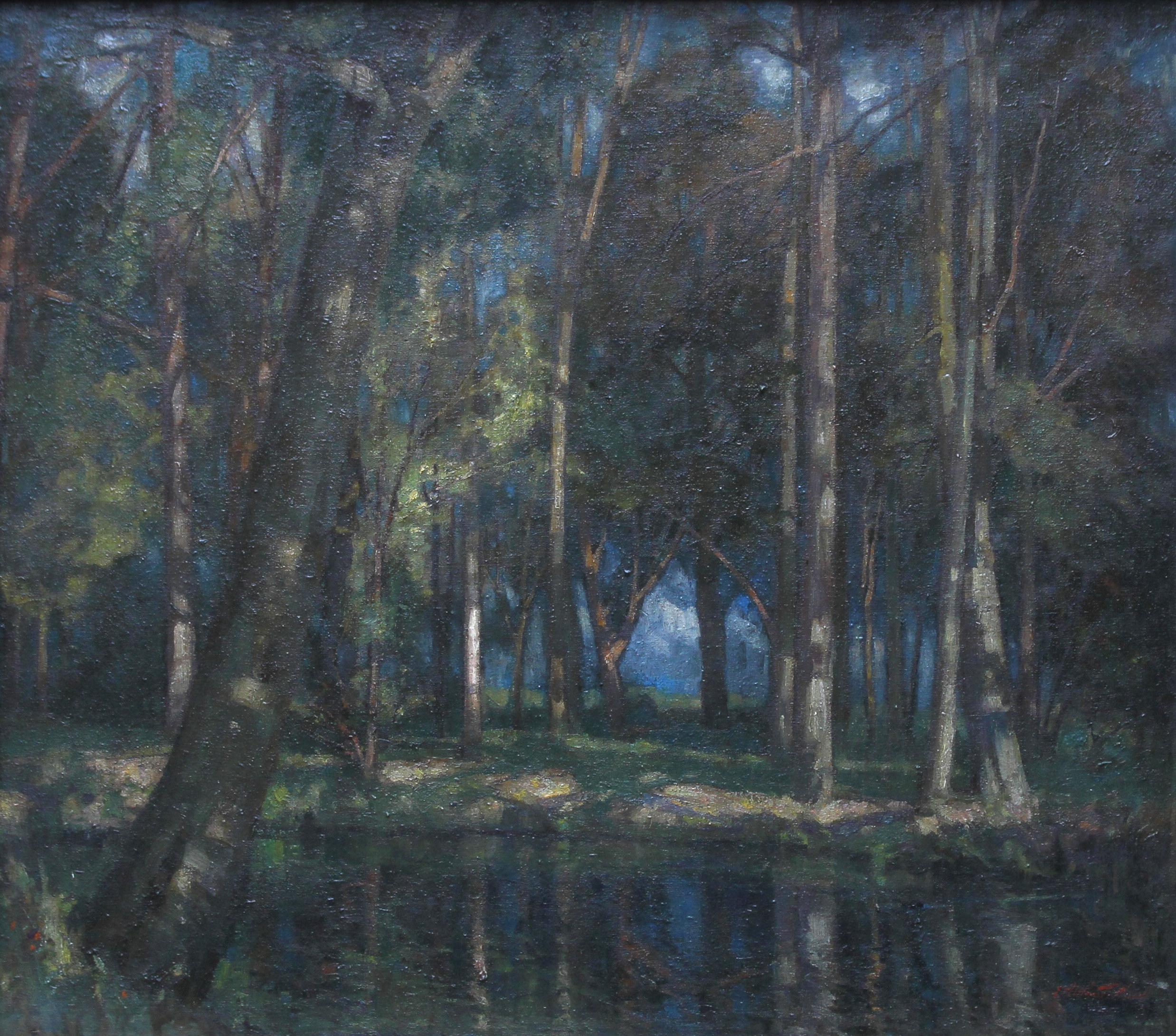 Wooded Landscape Stream - British art Edwardian Impressionist oil painting 3