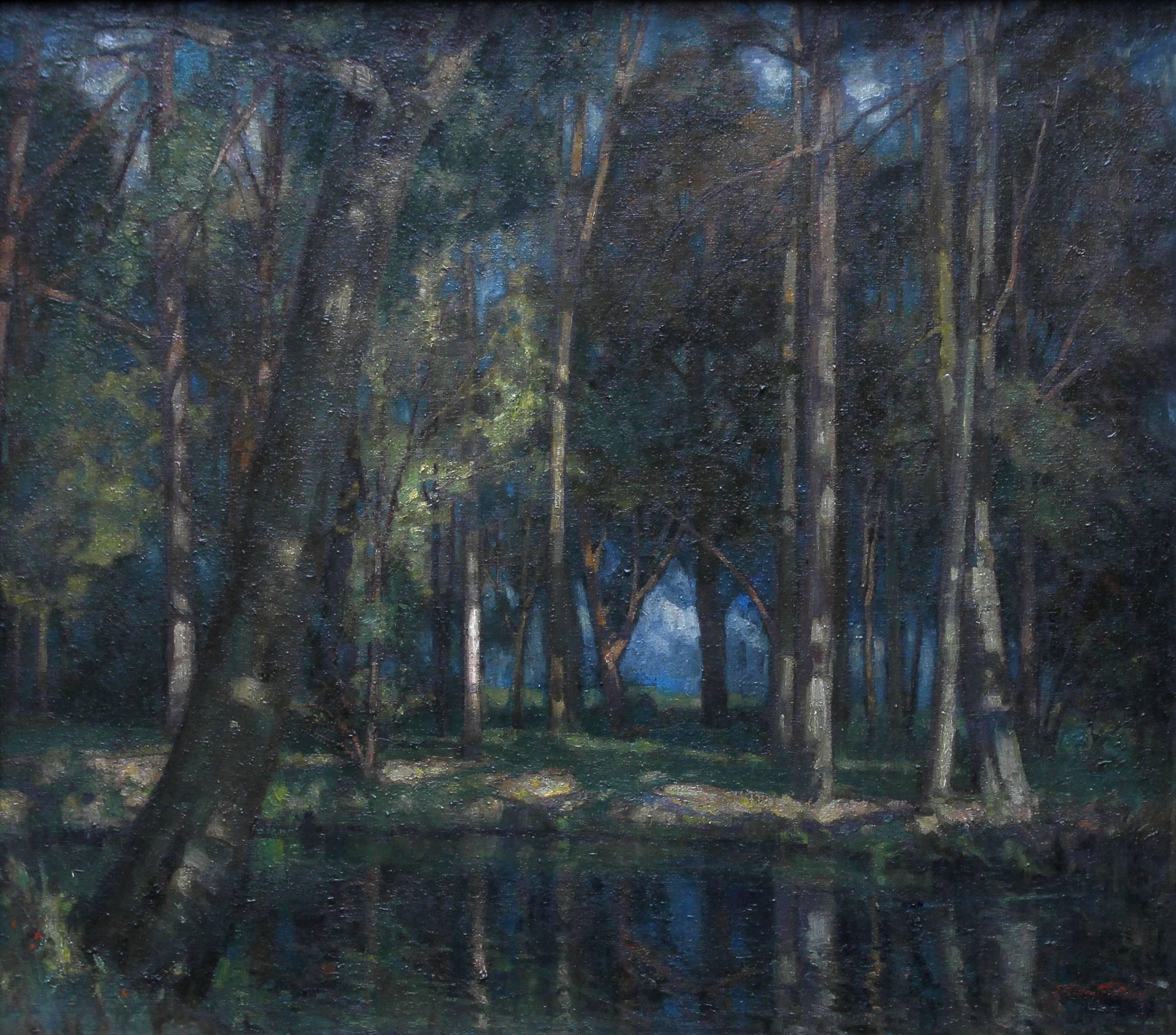 Wooded Landscape Stream - British art Edwardian Impressionist oil painting - Painting by William Thomas Wood