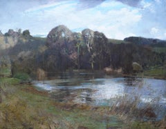 Paesaggio fluviale - Arun Sussex - arte britannica 1950 paesaggio pittura ad olio Arundel