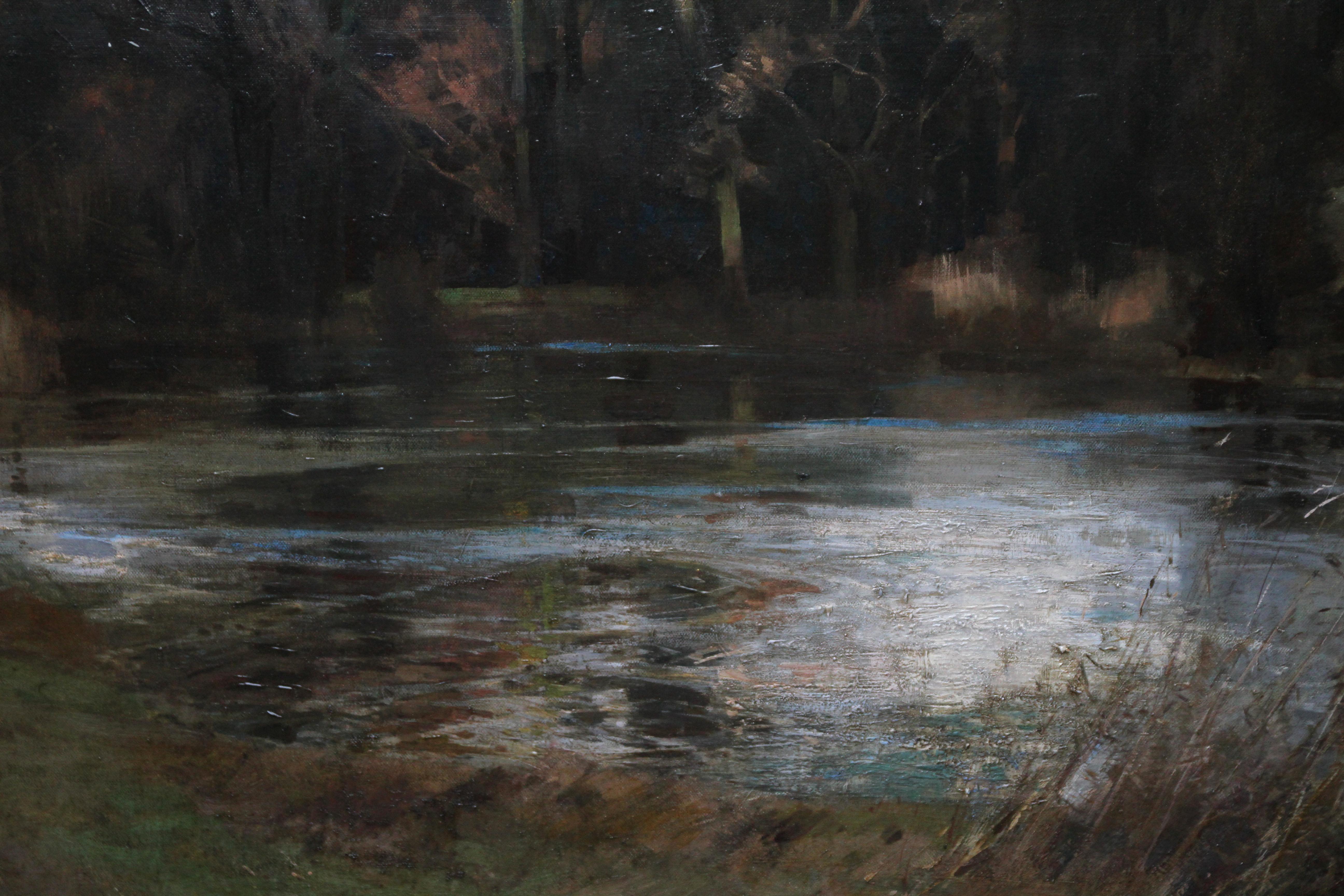 This superb large oil on canvas painting of a river landscape is by British artist William Thomas Wood. Painted in 1950, the river is the Arun near Arundel in Sussex. Wood beautifully catches the light and shadow on the landscape and reflections in
