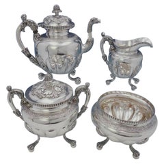 William Thomson Coin Silver Tea Set 4pc with Floral and Acanthus Leaf Motif