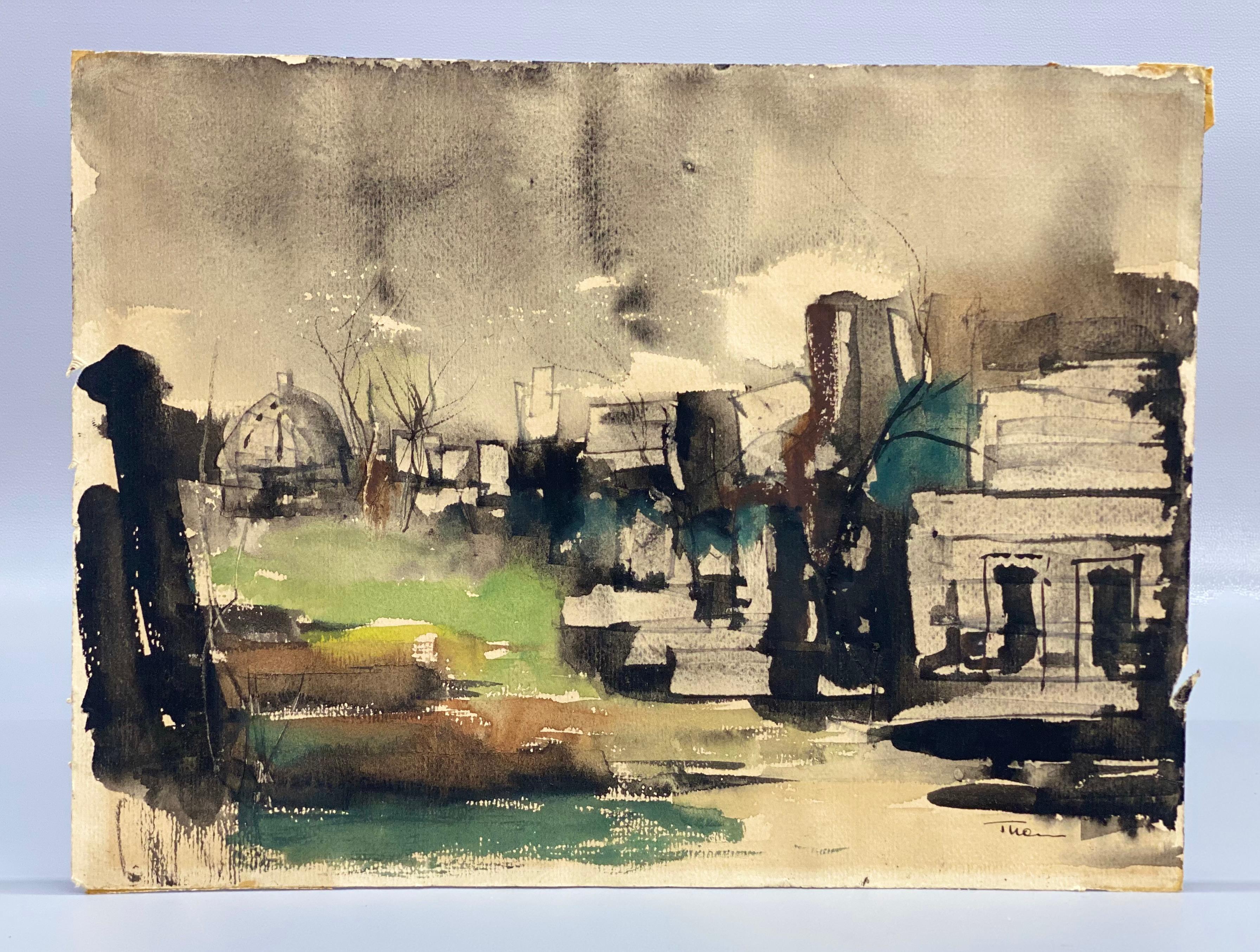 Aquarell und lavierte Tinte auf Papier des Künstlers William Thon (1906-2000). Mit dem Titel Römische Skizze. Thon hatte einen guten Teil seiner Zeit damit verbracht  seines Arbeitslebens in Rom. Signiert unten rechts in schwarz, Thon und nummeriert