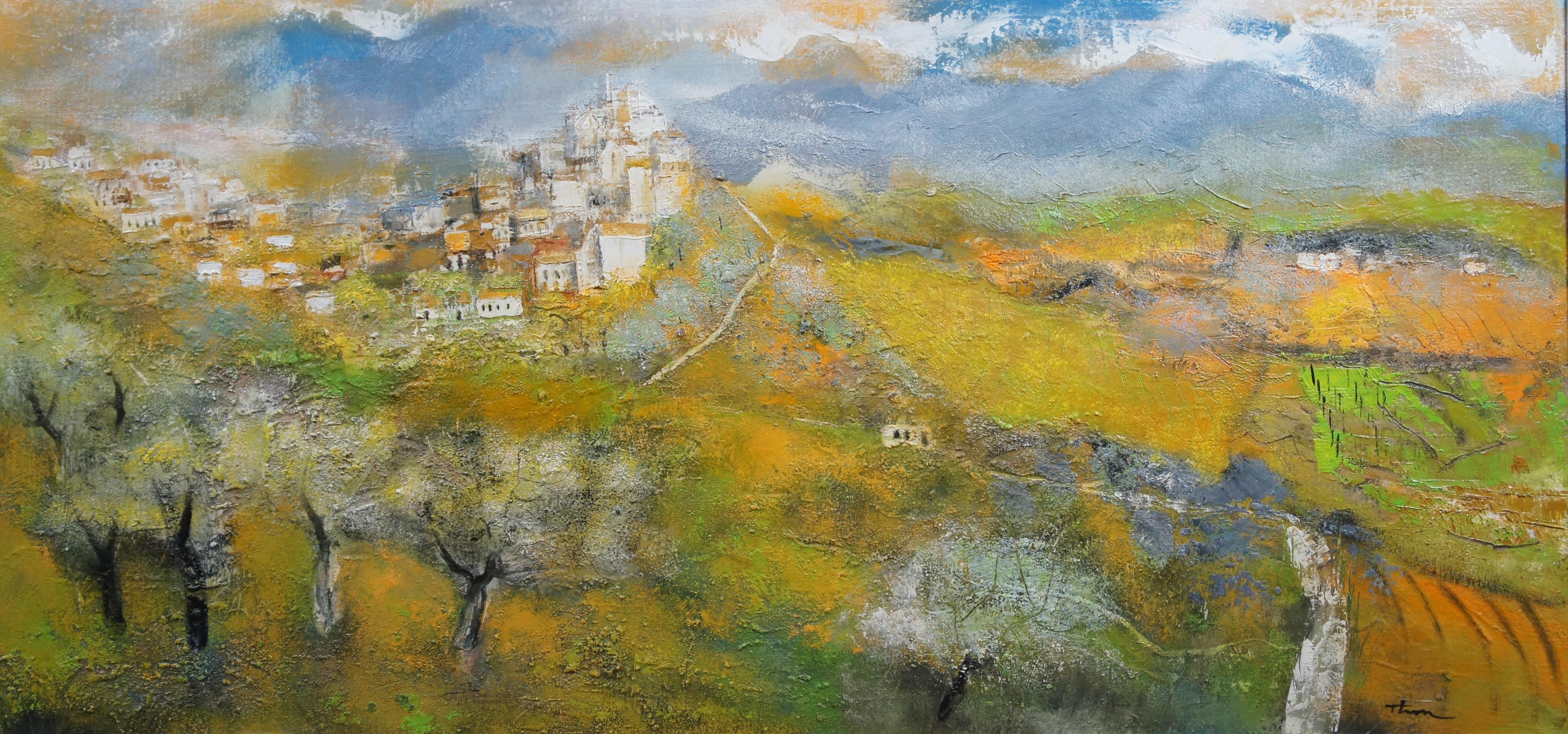 William Thon Mountain Town Calabria Italy Expressionist Oil Landscape Painting In Good Condition For Sale In Dayton, OH
