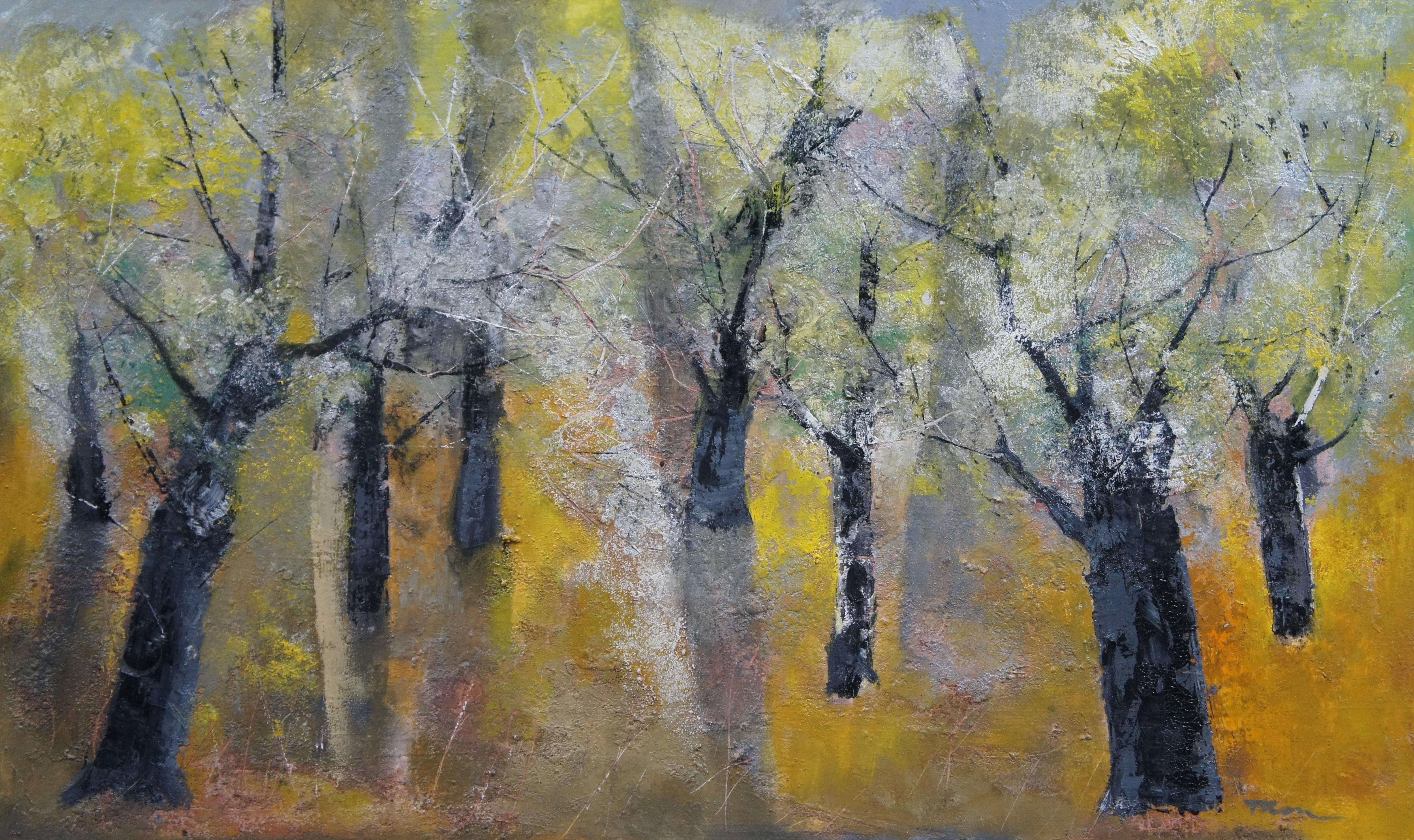 20ième siècle William Thon Olive Trees expressionniste abstrait huile sur carton peinture de paysage en vente