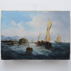 19th Century British Romantic Seascape Fishing Sailing Boats Oil Canvas Signed