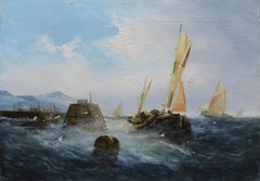 Panorama marino romantico britannico del XIX secolo con barche a vela da pesca, olio su tela, firmato