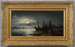 19th Century moonlight seascape oil painting of ships