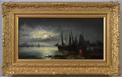 19th Century moonlight seascape oil painting of ships 