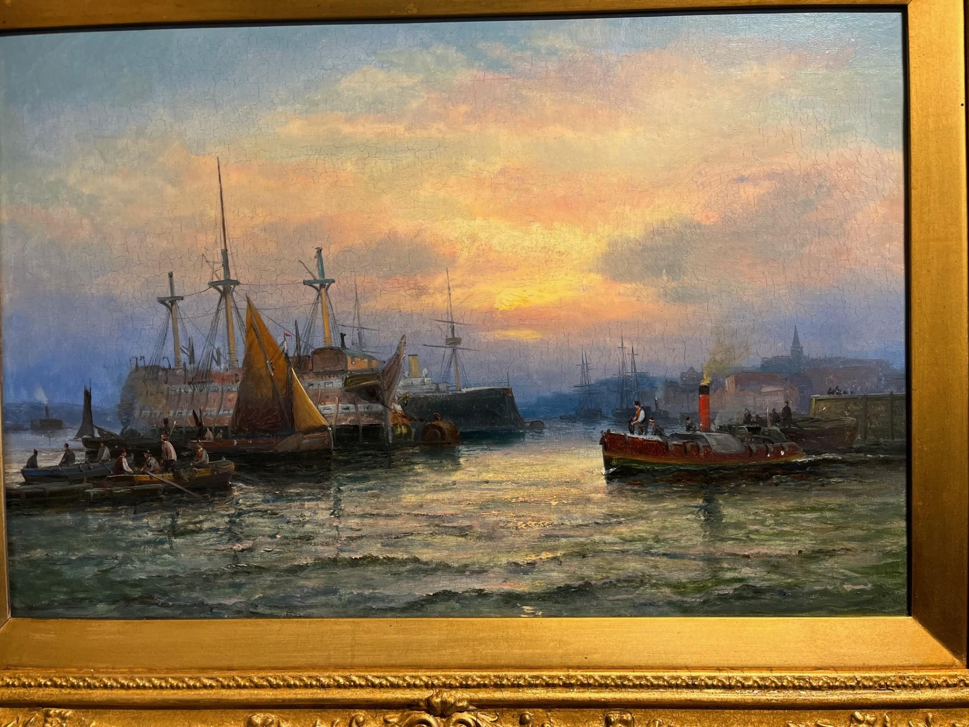 Old Prison Hulk at Sunset on the Medway, England and other shipping Oil Painting - Victorian Art by William Thornley