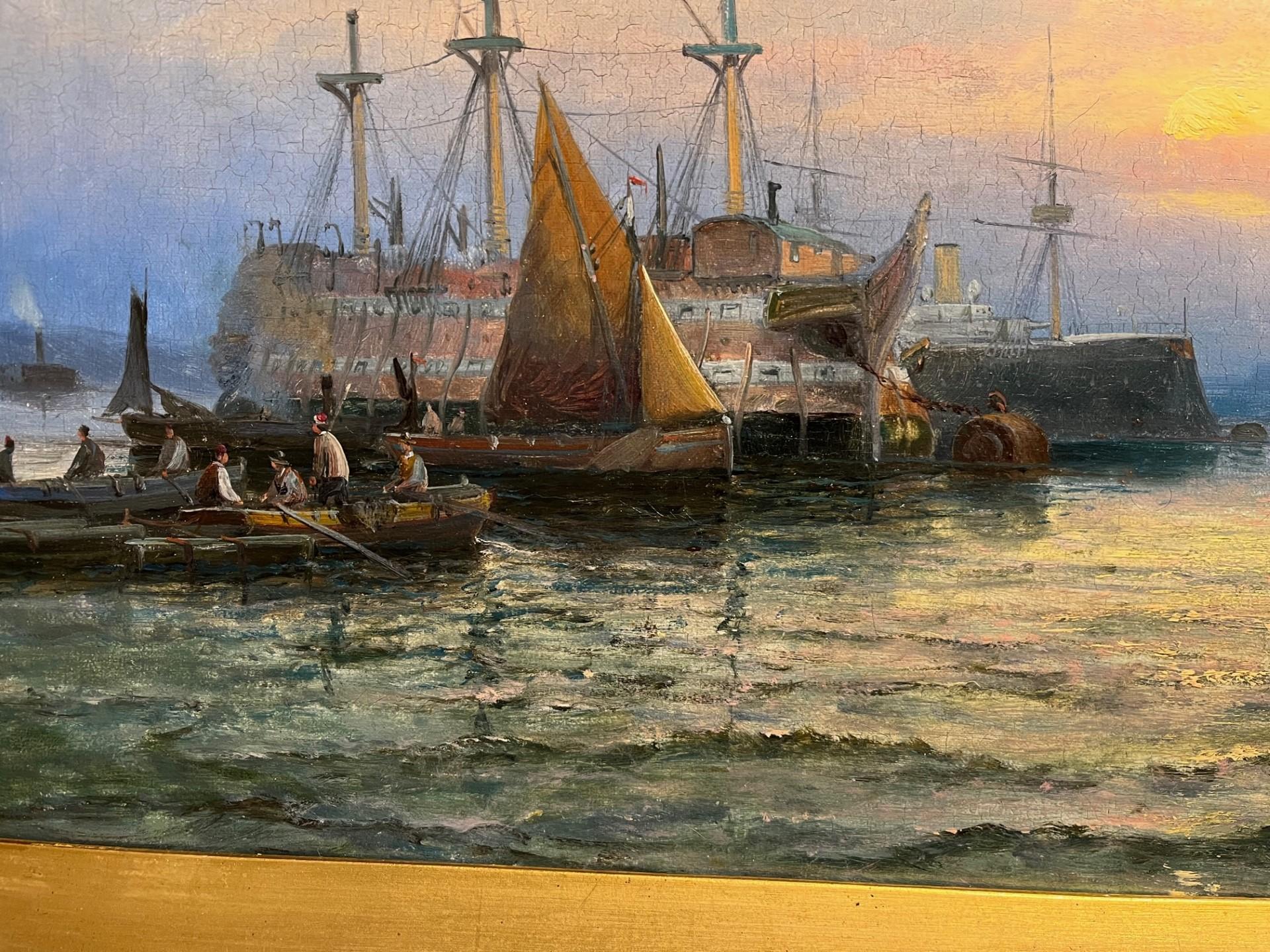 William Anslow Thornley a prospéré entre 1858 et 1898, la quasi-totalité de sa production étant constituée de scènes marines, il aimait particulièrement représenter la navigation à l'aube ou au crépuscule.
Il s'agit d'une grande peinture très