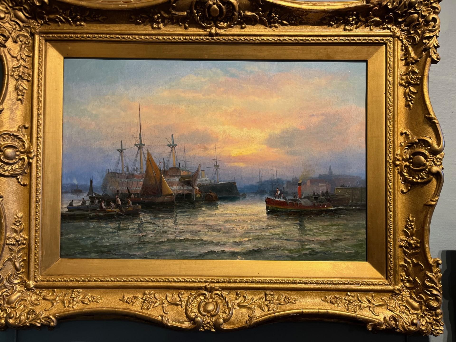 Old Prison Hulk at Sunset on the Medway, England and other shipping Oil Painting (peinture à l'huile) - Art de William Thornley