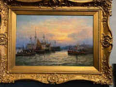 Antique Old Prison Hulk at Sunset on the Medway, England and other shipping Oil Painting