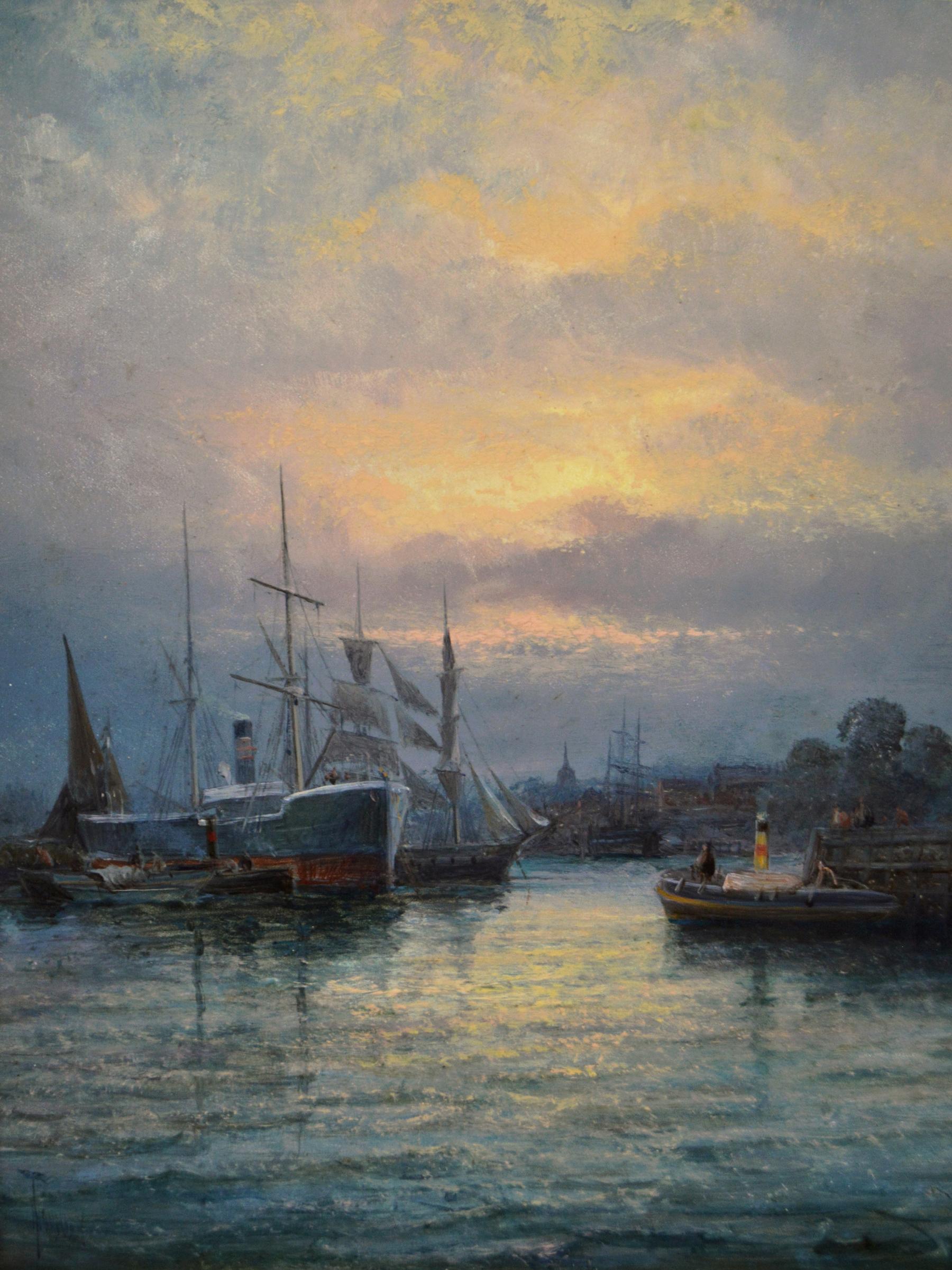 Pair of 19th Century seascape oil paintings of shipping on the Medway  - Painting by William Thornley
