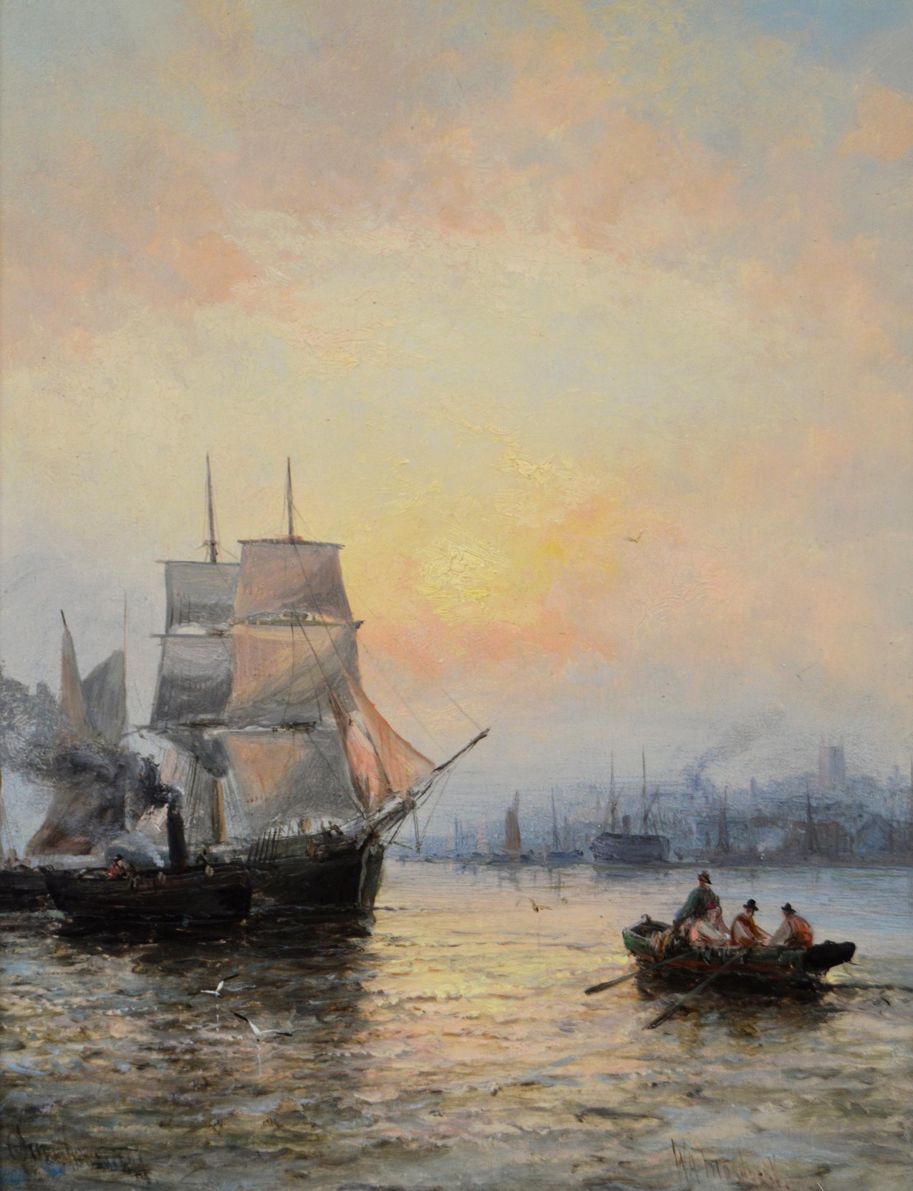 Pair of 19th Century seascape oil paintings of shipping on the Medway  - Brown Landscape Painting by William Thornley