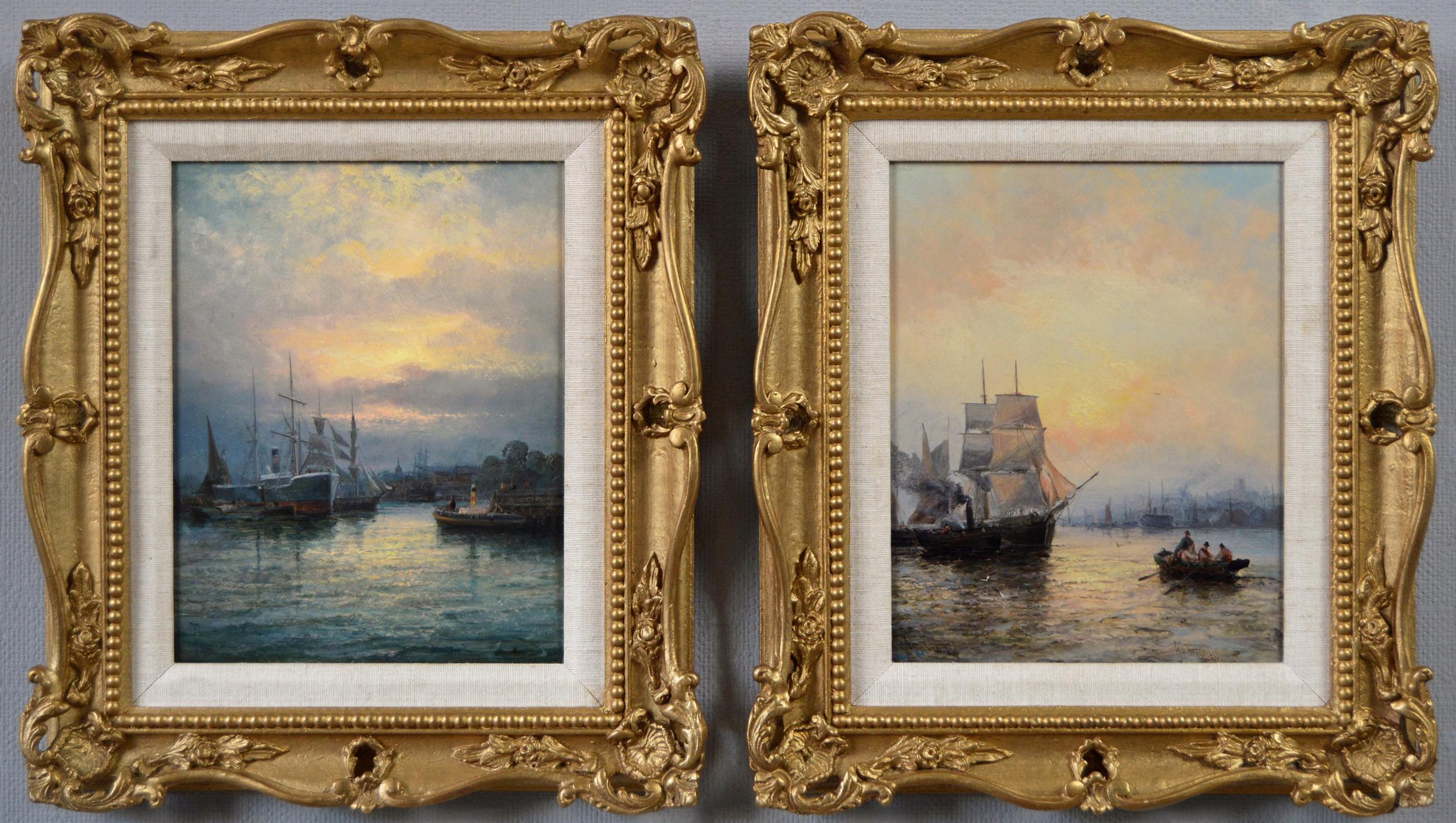 William Thornley Landscape Painting - Pair of 19th Century seascape oil paintings of shipping on the Medway 