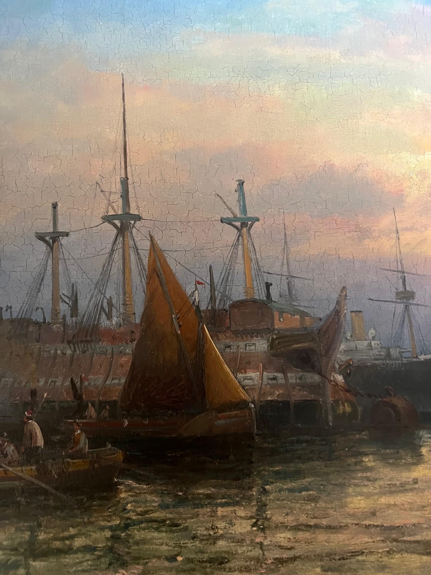 Victorian Marine Oil Painting Prison Hulk and Ships at Sunset on Medway England For Sale 3