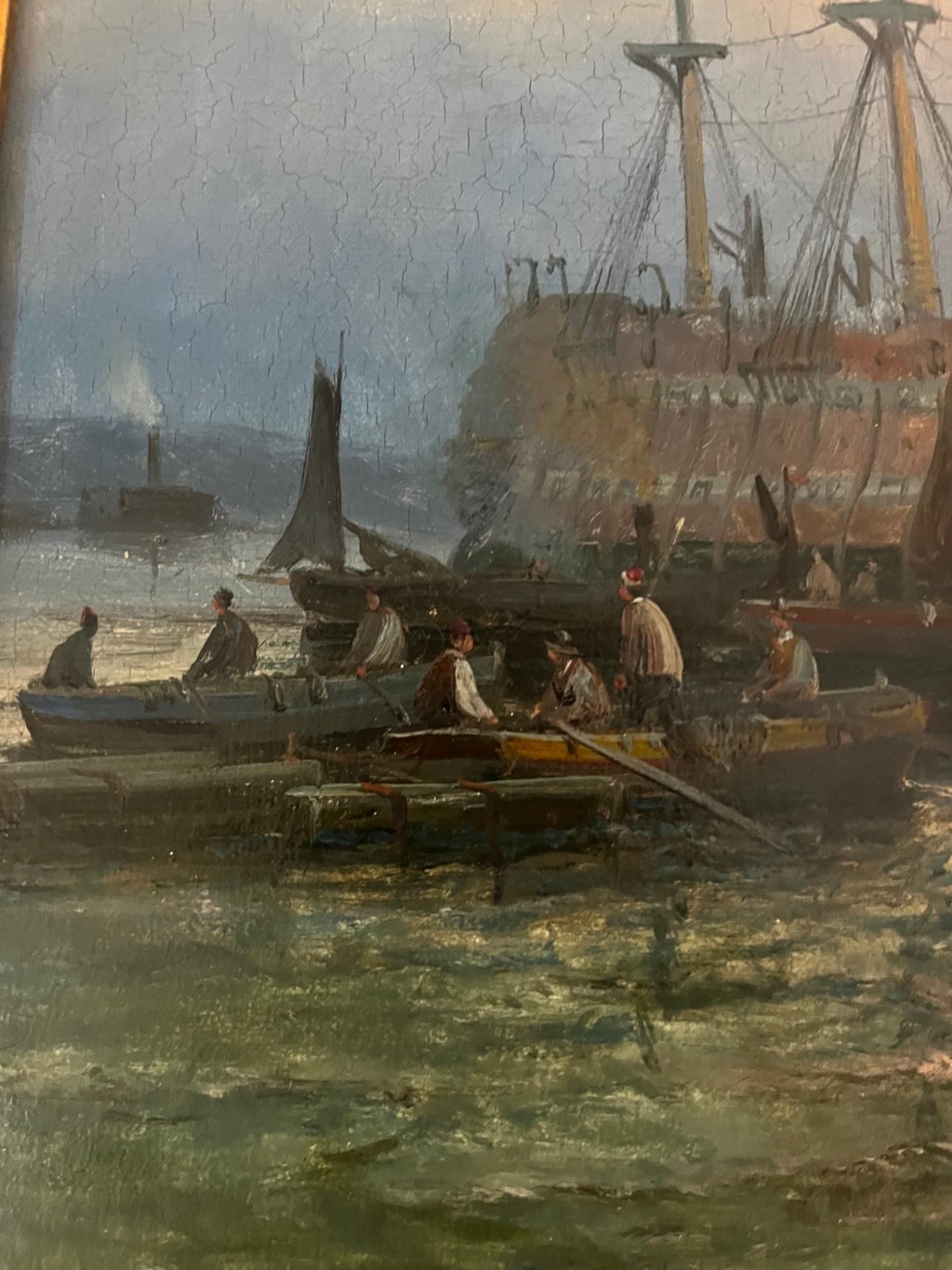 Victorian Marine Oil Painting Prison Hulk and Ships at Sunset on Medway England For Sale 4