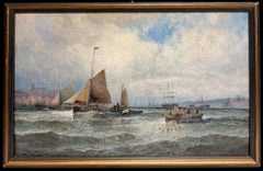 Fine Antique English Coastal Fishing Boats in Choppy Seas Oil British Painting
