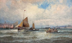 Fine Antique English Coastal Fishing Boats in Choppy Seas Oil British Painting