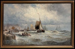 Fine Victorian English Coastal Harbour Scene Fishing Boats at Sea Oil Painting