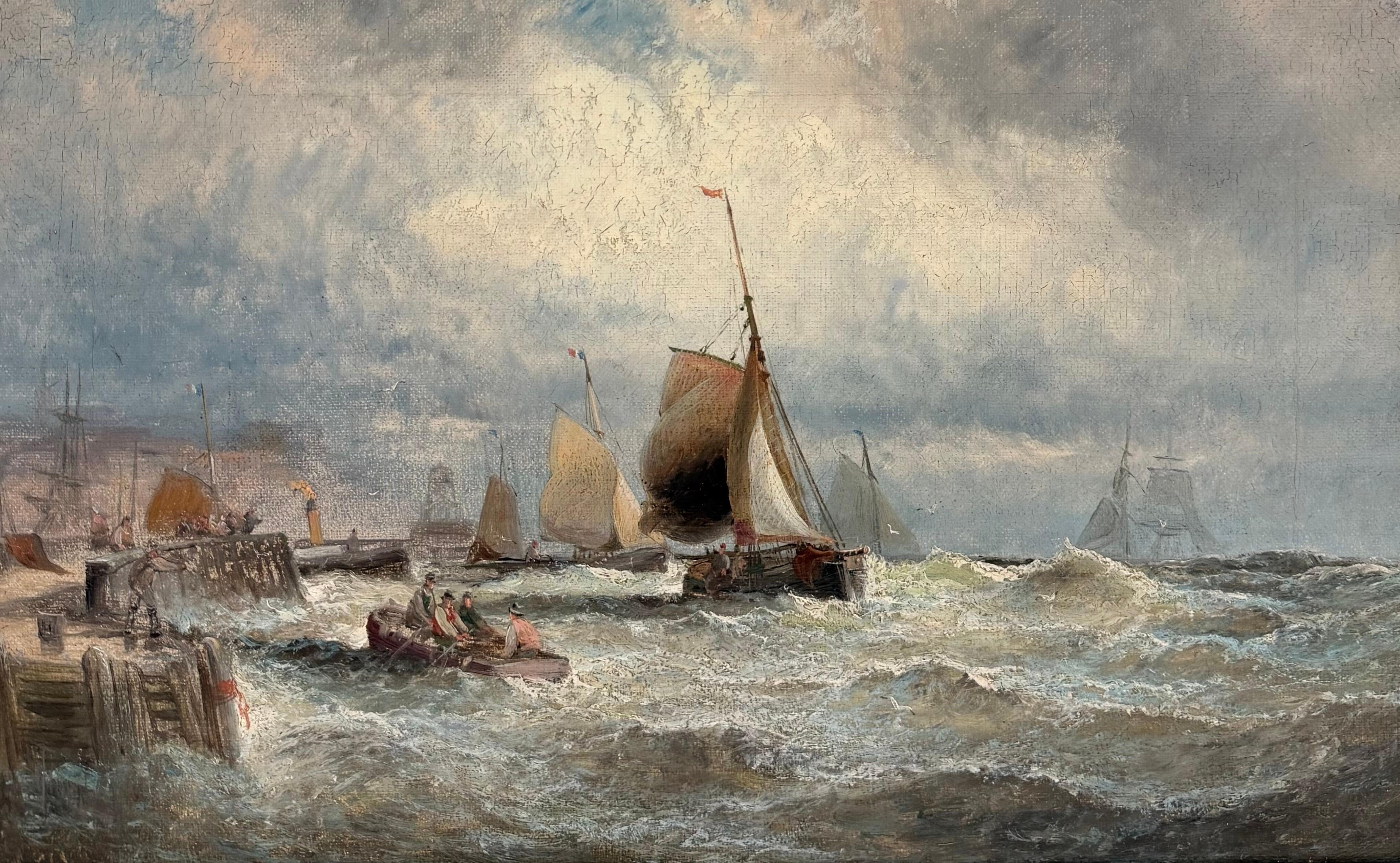 Fine Victorian English Coastal Harbour Scene Fishing Boats at Sea Oil Painting