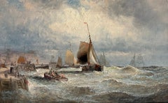 Fine Victorian English Coastal Harbour Scene Fishing Boats at Sea Oil Painting