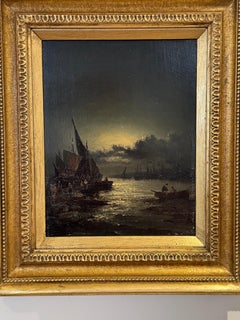 19th century English Fishing boats moored by shore at Night with Moonlight