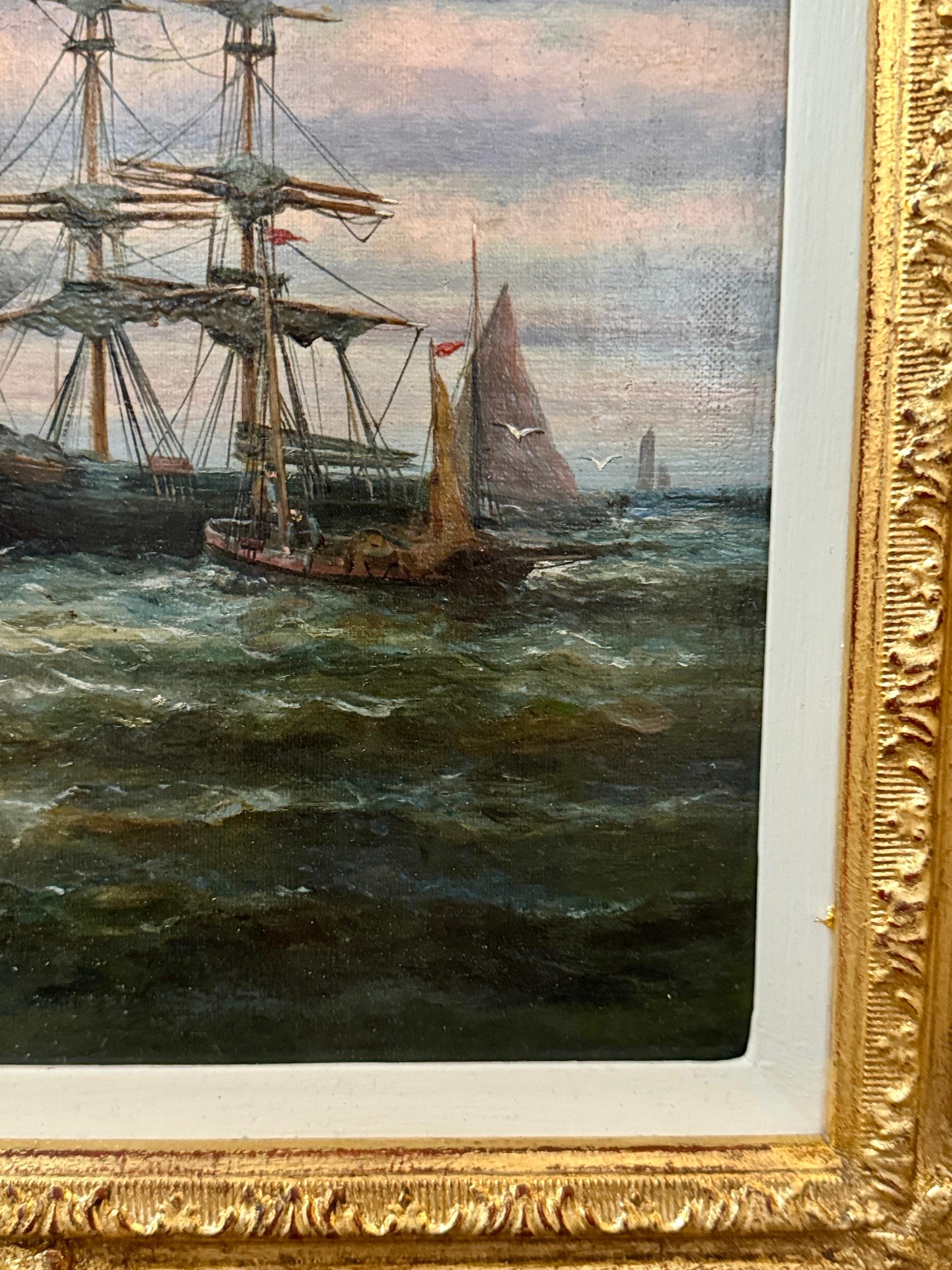 Barche da pesca inglesi del XIX secolo al largo della costa inglese presso il Castello di Dover, Kent - Landscape Painting Marrone di William Thornley